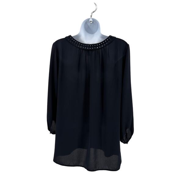 Banana Republic Cut-Out V-neck Tunic Top Women Small Navy Long Sleeve Perforated - Picture 4 of 7